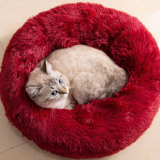 Cat Beds for Indoor Cats - Cat Bed Washable 24 inches, Dog Beds for Small Medium Dogs, Anti Anxiety Round Fluffy Plush Faux Fur Cat Bed, Thick Bottom (Red, Large)