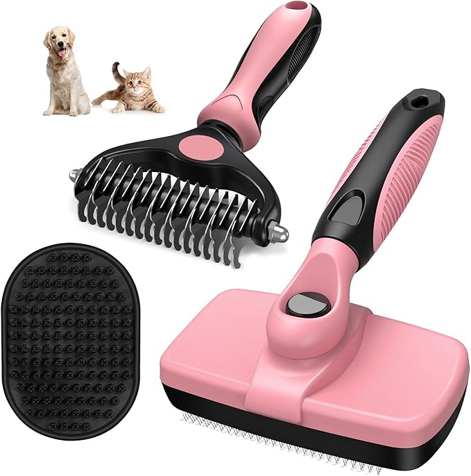 3PCS Self Cleaning Slicker Brush & Pet Grooming Rake & Bath Brush for Dogs ,Cats and Horses | Double-Sided Dematting Comb & Skin Friendly Deshedding Grooming Tool | Pet Supplies (Light Pink Black)