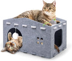 Cat House for Indoor Cats, Cat Beds Peekaboo Pet Cave with Fluffy Ball and Catnip Toy for Multiple Large Cats Up to 33 Lbs Foldable Cat Hideaway Scratch Resistant Felt Cat Cube for Kitten Kitty, Grey