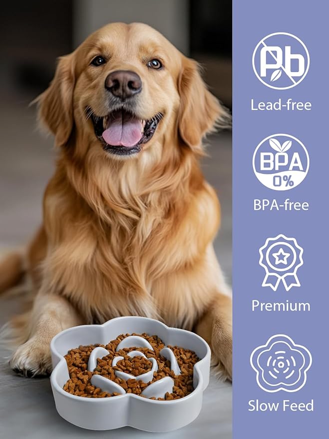 Ceramic Slow Feeder Dog Bowl, Anti-Choking Slow Food Bowls, 8" 11.3oz Slow Feeder for Medium, Large Breeds, Plum Puzzle Design, Non-Slip Silicone, Dishwasher and Microwave Safe, Blue