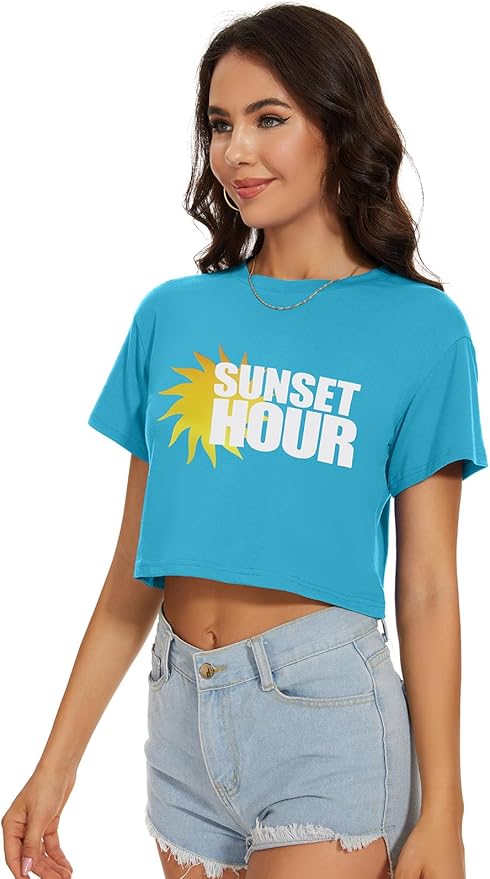 Womens Summer Crop Tops Short Sleeve Round Neck T-Shirts Loose Fit Casual Blouse