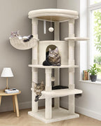 Globlazer Corner Cat Tree Tower with Scratching Post for Indoor Cats, 51in Plush Multi-Level Cat Tower with Large Hammock, Fan-Shaped Padded Perch, Spacious Cat Condo, Hanging Basket, C51, Light Beige
