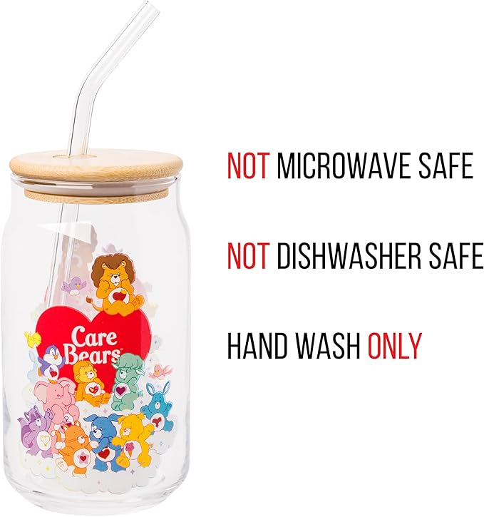 Silver Buffalo Care Bears Heart Cousins Brave Lion Playful Monkey Gentle Lamb Cozy Penguin Lotsa Elephant Bright Raccoon Proud Cat Loyal Dog Treat Pig Swift Rabbit Glass Jar Tumbler w Bamboo Lid, 16oz