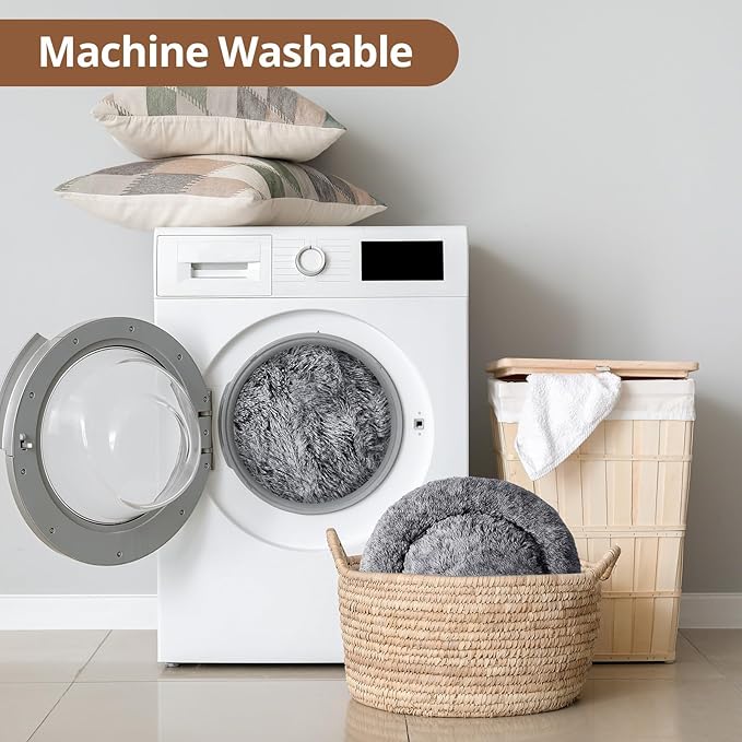 JOLLYVOGUE Calming Dog & Cat Bed for Small Dogs, Anti-Anxiety Donut Cuddler Cozy Soft Round Bed with Anti-Slip Bottom, Fluffy Faux Fur Plush Cushion Beds for Small Medium Dogs, 23"/Smoke Black