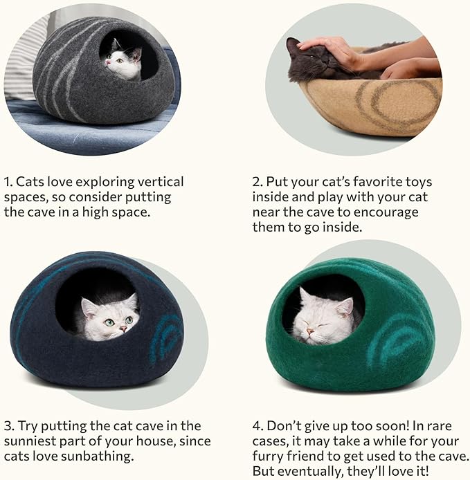 MEOWFIA Cat Cave – Premium Felt Cat Bed for Indoor Cats, Handmade 100% Merino Wool (Light Shades) (Large, Aquamarine)