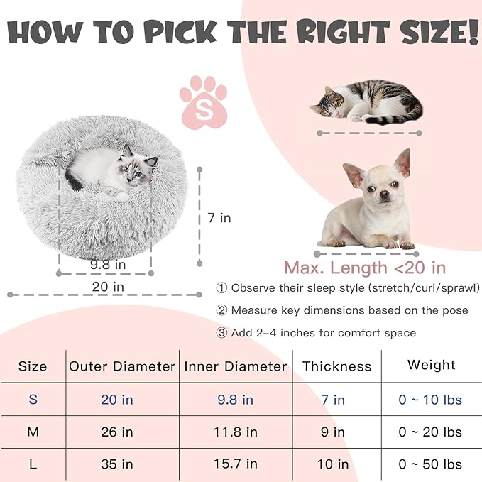 Himax Dog Beds for Small Dogs, Donut Dogs Bed with Blanket Attached, Calming Dog Bed Washable (20"/26"/35") Light Grey for Puppy