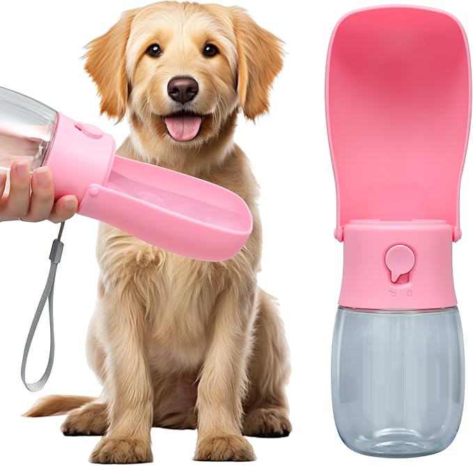 Dog Water Bottle, Leak Proof Portable Puppy Water Dispenser, Travel Puppy Water Bowl, Foldable Transparent Dog Water Bottle for Pets Outdoor Walking, Hiking, Travel, Food Grade Plastic - 10oz Pink