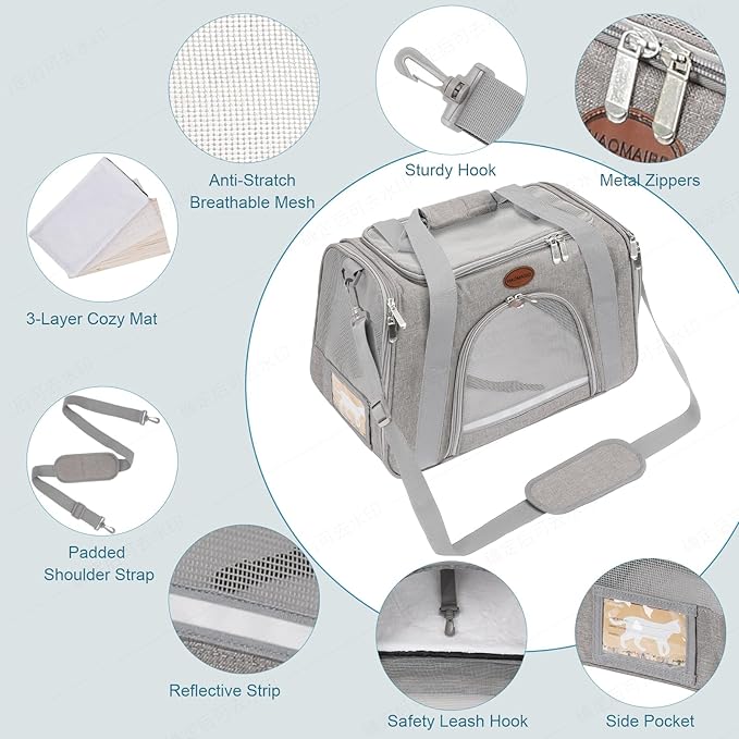 Cat Carrier Dog Carrier Pet Carriers for Medium Small Cats Dogs Puppies up to 25 Lbs,TSA Airline Approved Small Dog Cat Carriers Soft Sided,Collapsible Travel Puppy Carrier (Grey, Large)