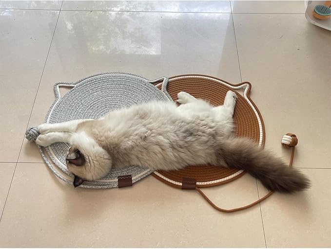 Cat Scratching Mat Natural Cotton Rope Cat Scratching Pad, Large Size Scratcher Mat with Toy (2 Packs 19.6'') (Grey + Brown)