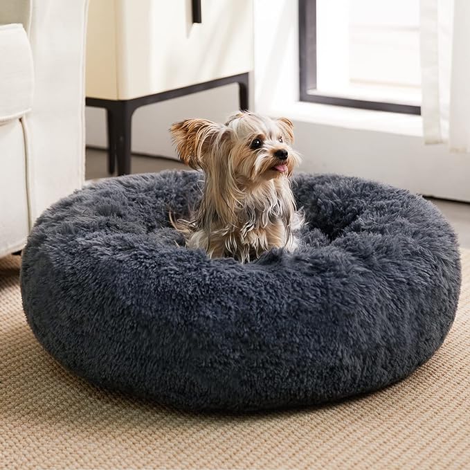 WNPETHOME Calming Dog Beds for Large Dogs, Anti-Anxiety Donut Large Pet Bed, Fluffy Faux Fur Plush Dog Bed，Warming Cozy Soft Round Pet Bed for Jumbo Dogs, Cat Cuddler Cushion Bed