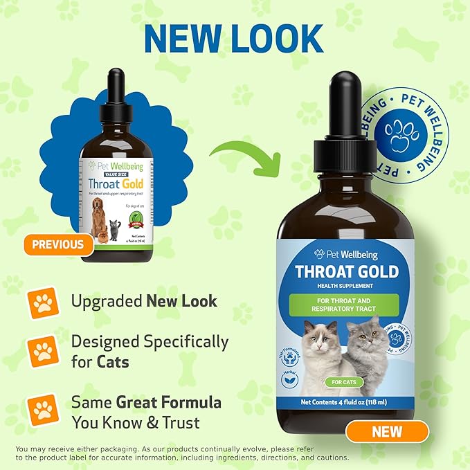 Pet Wellbeing Throat Gold for Cats - Cat Respiratory Support, Occasional Cough & Hoarseness with Mullein & Slippery Elm - NASC Certified & Vet-Formulated - 4 oz Liquid Formula