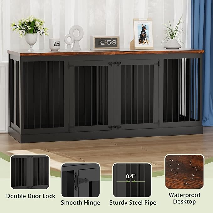 71" Dog Crate Furniture, Large Dog Kennel Furniture, Wood Double Dogs Crate Furniture Large Breed, Dog Crates for 2 Dogs Furniture, Black