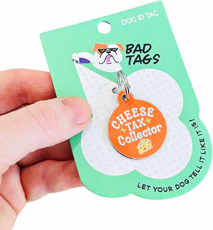 Personalized QR Code Dog Tags - Choose from 25+ Tag Designs - QR Code Links to Your Profile - Unique, Cute, Funny, Sassy Pet ID Tag (Cheese Tax Collector, Large (1.25 inch))