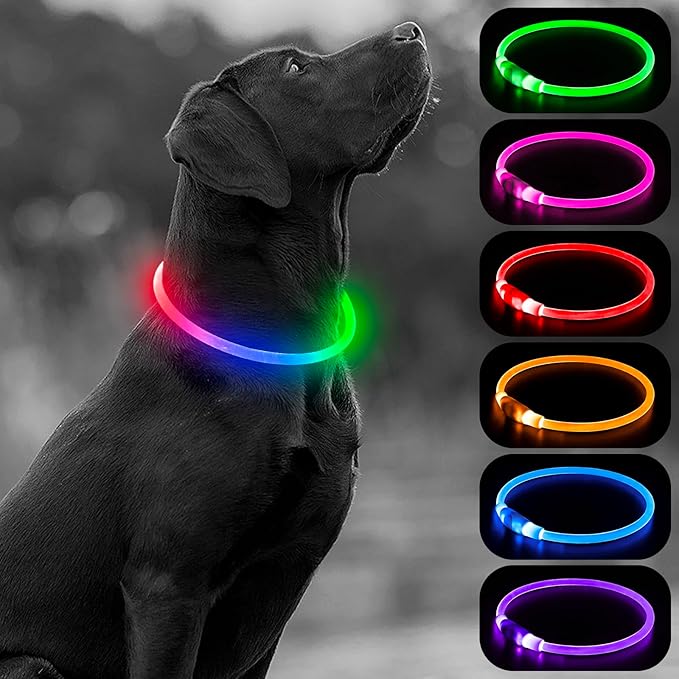 HIGO Light Up Dog Collar, RGB Rechargeable LED Dog Collar, TPU Dog Collar Light for Night Walking, Cuttable Size, Be Seen at Night for Small Medium Large Dogs, Dog Camping Essentials (RGB-TPU)