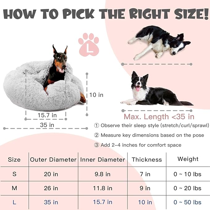 Himax Dog Beds for Large Dogs, Donut Dog Beds with Blanket, Cozy Soft Fluffy Round Dogs Beds, Washable (20"/26"/35") Light Grey