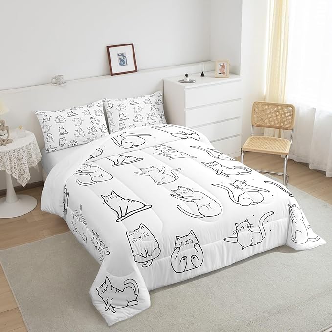 Erosebridal Cute Cat Bedding Full for Girls Boys Kids Funny Animal Comforter Set, Kawaii Pet Bedding Comforter Sets White Kitten Duvet Insert, Yoga Ballet Dance Quilted Comforter Decoratives 3 Pieces