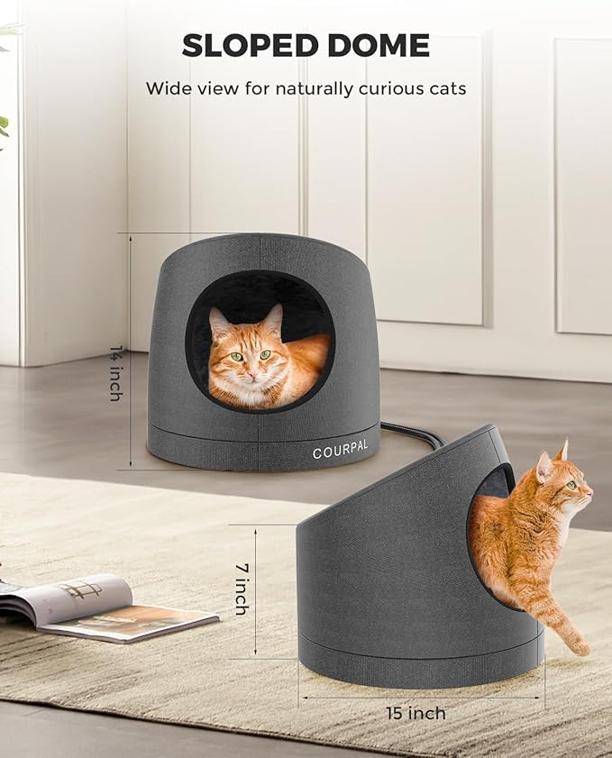 Courpal® Heated Cat Cave Bed for Indoor Cats - Surround Heating Enclosed Round Cat Dome with Adjustable Heating & Timing - Large Warm Cat Hut with FauxFur Lining for Winter Sleep - Up to 18 Lbs