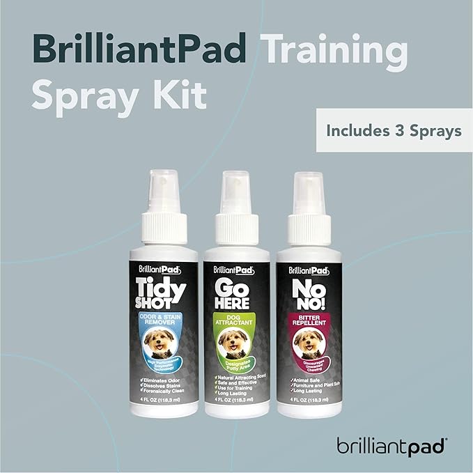 BrilliantPad Puppy Training Spray Kit | No Chew Deterrent, Pet Stain Remover & Odor Eliminator, Natural Attractant & Repellent | Stop Biting, Enzyme Cleaner for Dog & Cat Pee | 3 Bottles, 4oz Each