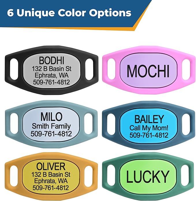 GoTags Silicone Slide On Pet ID Tag, Personalized Engraved Colorful Collar Slide Dog Tag Nameplate for Pets, No Noise Quiet Dog Tags Small Medium Large in 5 Colors