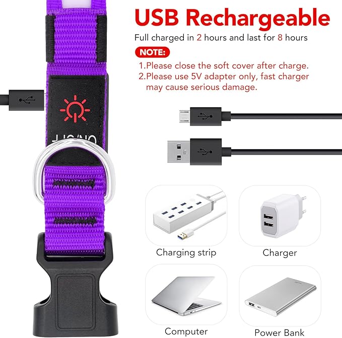 VIZPET LED Dog Collar, Light Up Dog Collar Adjustable USB Rechargeable Super Bright Safety Light Glowing Collars for Dogs (Purple, Small[11.02-15.74 inch/28-40cm])