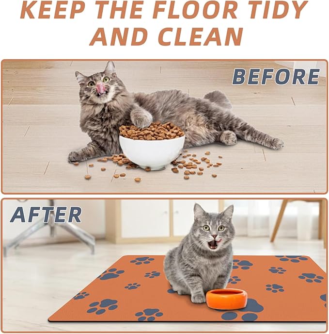 18"×30" Dog Food Mat-Absorbent Dog Mat for Food and Water, No Stains Quick Dry Cat Dog Food Bowl Mat Non Skid Dog Feeding Mat with Footprints for Messy Drinkers Orange