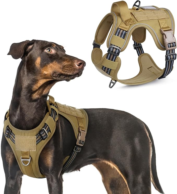 rabbitgoo Tactical Dog Harness for Large Dogs, No Pull Military Service Vest with Handle & Molle, Easy Control for Training Walking, Adjustable Reflective Straps, Brown, L