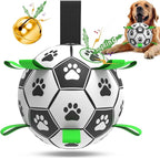 QDAN Dog Soccer Balls Toy with Bell Inside, Outdoor Interactive Dog Toys, Durable Ropes Squeaky Ball for Medium Large Dogs (8 Inch)
