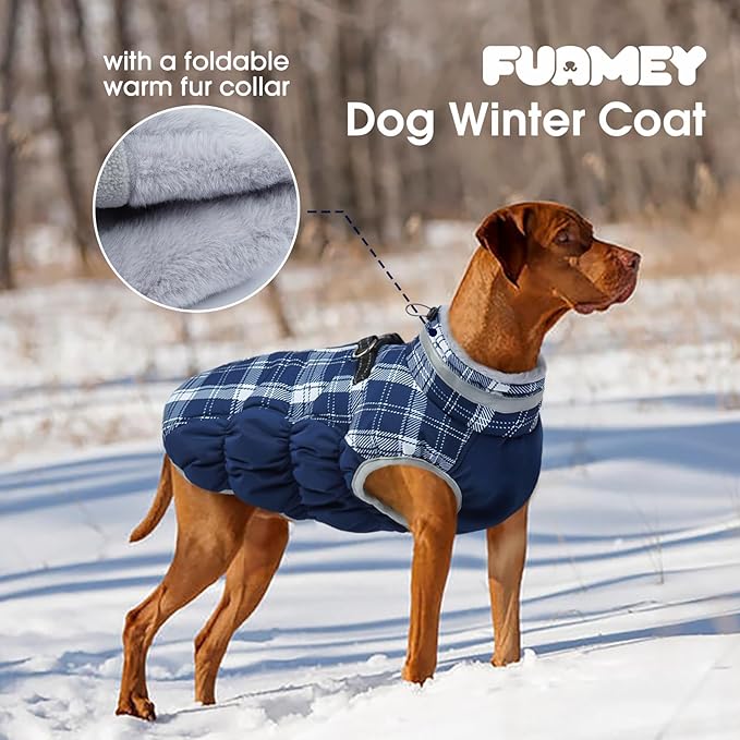 FUAMEY Dog Coat for Large Dogs,Waterproof Dog Winter Jacket with Harness Built in Puppy Cold Weather Coats Reflective Pet Vest with Zipper Warm Fleece Dogs Snowsuit Windproof Blue Plaid 3XL