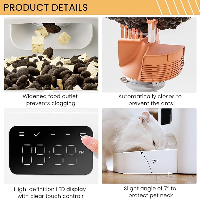 PET MARVEL Automatic Cat Feeder Keep Freshness for 30 Days, Timed Cat Dry Food Dispenser 4.4L, Programable 1-8 Meals Up to 6 Portion Smart Control with LED Display White Visable Semi-Transparent Tank