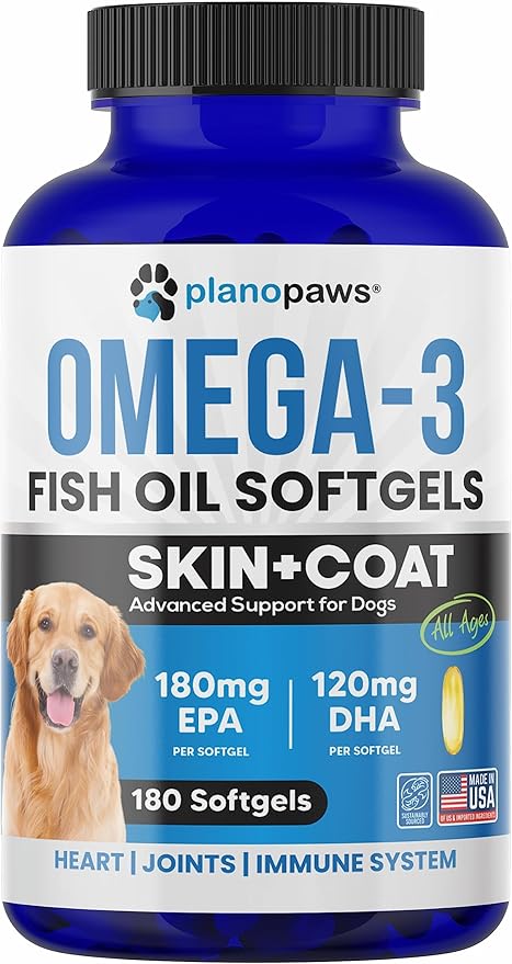 Omega 3 Fish Oil for Dogs Capsules - Salmon Oil for Dogs - Dog Fish Oil Supplement May Help Shedding, Allergy, Itching - Support Dry Skin, Joints - Dog Skin and Coat Supplement - 180 Fish Oil Pills