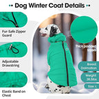 3XL Warm Dogs Coat Snowsuit for Extra Large Dogs, Easy On/Off Dog Winter Vest with Back Zipper, Windproof Pet Snow Jacket Clothes with Detachable Neck, Doberman, Great Dane, Green 3XL