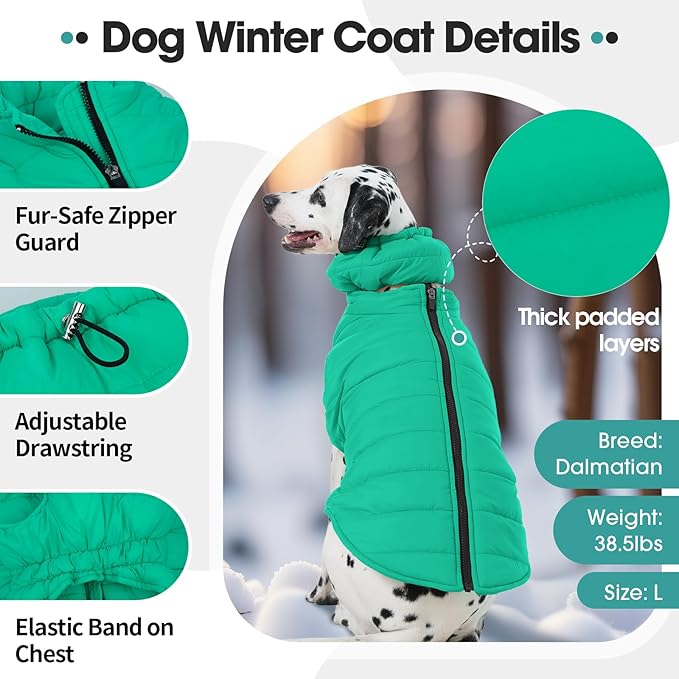 Large Dog Winter Vest for Boys & Girls, Warm Cold Weather Coat for Dogs with Back Zipper Detachable Neck Wrap, Easy on/Off Windproof Pet Snow Jacket Clothes, Weimaraner, Labrador, Green XL
