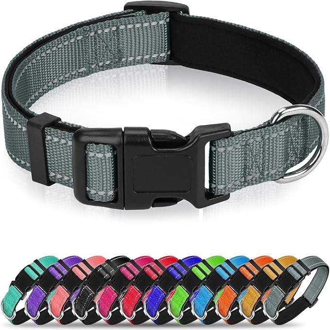 Reflective Dog Collar, Soft Neoprene Padded Nylon Pet Collar with Quick-Release Buckle, No-Choke Design Adjustable for Puppy Dogs,Grey,XS