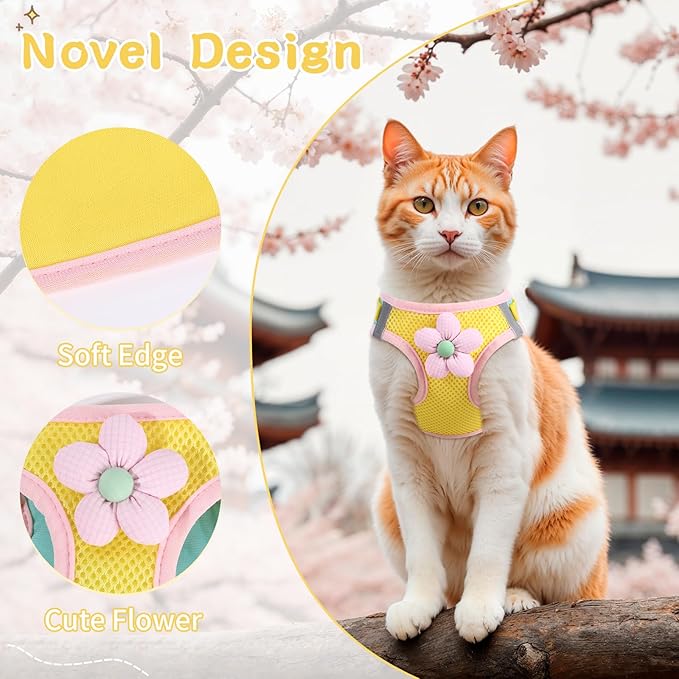 Cat Harness and Leash Set for Walking Escape Proof, Adjustable Kitten Harness Breathable Mesh with Reflective Strips Harness with Flower for Kitty Puppy Bunny Yellow XS