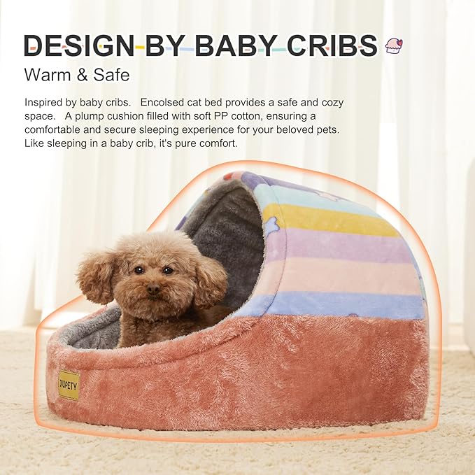Jiupety Cute Cat Beds for Indoor Cats, Cat Cave Bed and Kitten Bed, Hideway Cat House for Cat & Small Dog with Anti-Slip Bottom, Washable Removable Cushion, L(19"x17"x16"), Rainbow.