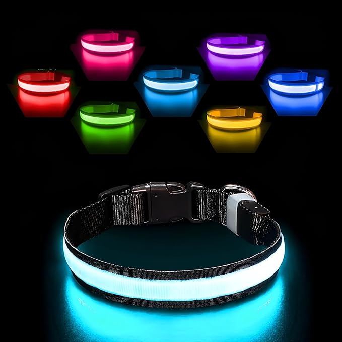 Pceotllar Light Up Collar - Rechargeable Led Dog Collar with Automatic 7-Color Changes, Water Resistant, Bright Glow for Night Walking (Black, M)