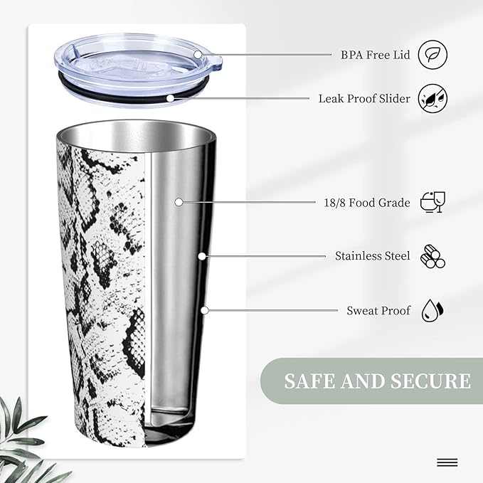 Dujiea 20oz Tumbler With Lid And Straw, Snakeskin Vacuum Insulated Iced Coffee Mug Reusable Travel Cup Stainless Steel Water Bottle