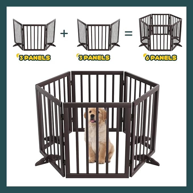 Semiocthome Free Standing Pet Gates for Dog Indoor, 3-Panel Puppy Gates for The House with 2PCS Support Feet, 24“(H) Folding Dog Gate for Stairs Expands Up to 55" (W) No Installation Resquired- Brown