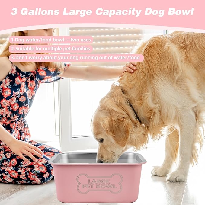 3 Gallons Large Dog Water Bowl, Stainless Steel Metal Dog Bowls, Large Capacity Pet Food Bowl Water Dish for Indoor and Outdoor Universal for Medium to Giant Dogs Pink