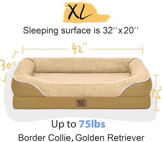 Orthopedic XL Large Dog Bed - Removable Bolster & Waterproof Washable Cover for Pet Extra Large Bed with Foam Support Non-Slip Bottom Dog Beds