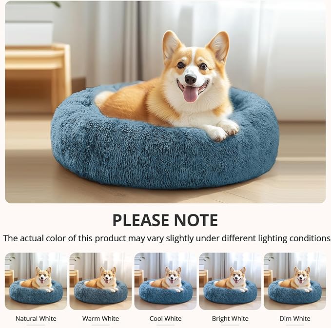 JOLLYVOGUE Calming Dog & Cat Bed for Small Dogs, Anti-Anxiety Donut Cuddler Cozy Soft Round Bed with Anti-Slip Bottom, Fluffy Faux Fur Plush Cushion Beds for Small Medium Pets (23")