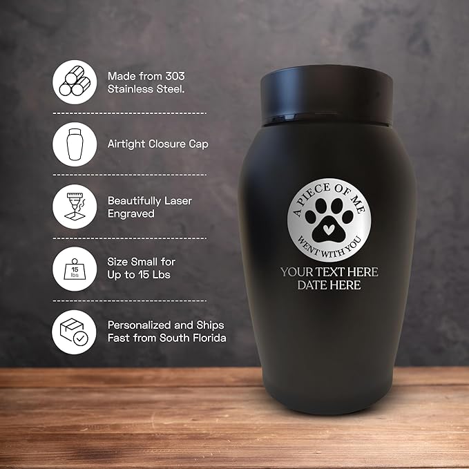 Personalized Custom Small Keepsake Urn Engraved with Pet Name, Date and Cat Design - 5.2" Black Powder Coated Steel Cremation Urn for Cat Ashes | 12-16 lb Capacity, Typography + Cat Paw