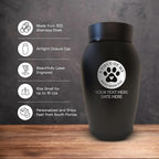 Personalized Custom Small Keepsake Urn Engraved with Pet Name, Date and Cat Design - 5.2" Black Powder Coated Steel Cremation Urn for Cat Ashes | 12-16 lb Capacity, Typography + Cat Paw