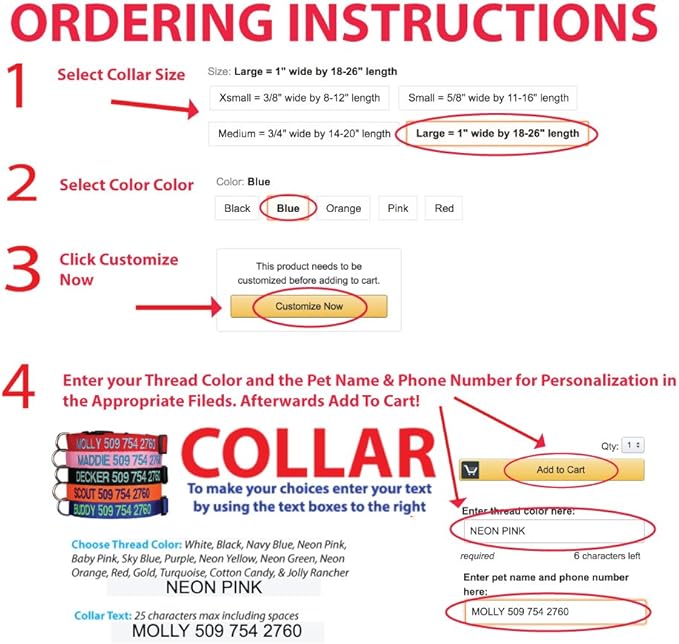 GoTags Personalized Dog Collar, Custom Embroidered Pet ID Dog Collar with Pet Name and Phone Number, Adjustable with Quick Release Snap Buckle