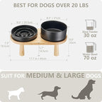 Ceramic Slow Feeder and Water Bowl Set for Medium and Large Dogs, Ceramic Dog Bowls Elevated with Wooden Stand, 2.0 Cups Dog Slow Feeder(30oz) and 70oz Water Bowl Set, Black