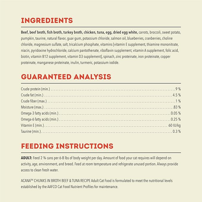 ACANA Chunks in Broth Wet Cat Food Beef & Tuna Recipe 3oz Cans (12 Count)