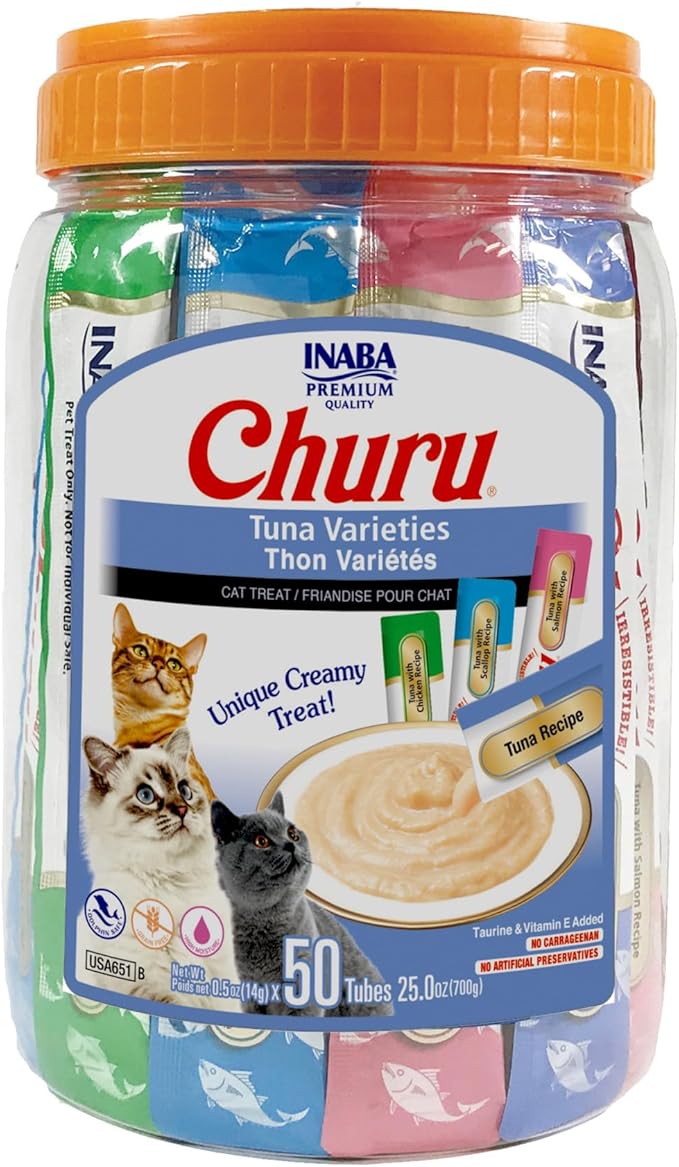 INABA Churu Cat Treats, Grain-Free, Lickable, Squeezable Creamy Purée Cat Treat/Topper with Vitamin E & Taurine, 0.5 Ounces Each Tube, 50 Tubes, Tuna Variety