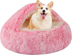 Round Hooded Cat Bed & Dog Bed with Cover Cave, Dog Bed for Small Dogs, Faux Fur Cuddler Round Coved Cat Bed Self Warming Donut Dog Bed Fits up to 22 lbs Pets (Pink, 24inch x 24inch)