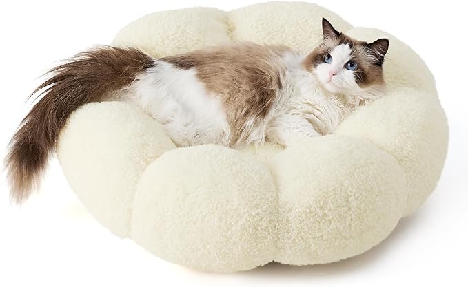 Lesure Calming Cat Beds for Indoor Cats - Cute Flower Pet Beds in Teddy Sherpa Plush, Donut Round Fluffy Puppy Bed, Non-Slip Extra Small Dog Bed Fits up to 15 lbs, Machine Washable, Cream 20"