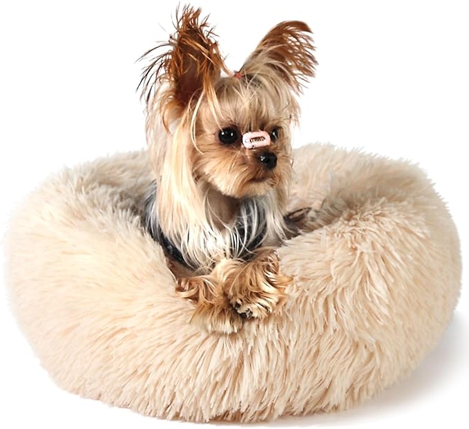 Light Brown Dog Bed Washable,Fluffy Dog Beds for Small Dogs 15 inches Donut Soft Small Pet Bed,Calming Anti Anxiety Round Fits up to 5 lbs Warm Comfort Pets Beds for Puppy Dogs Indoor